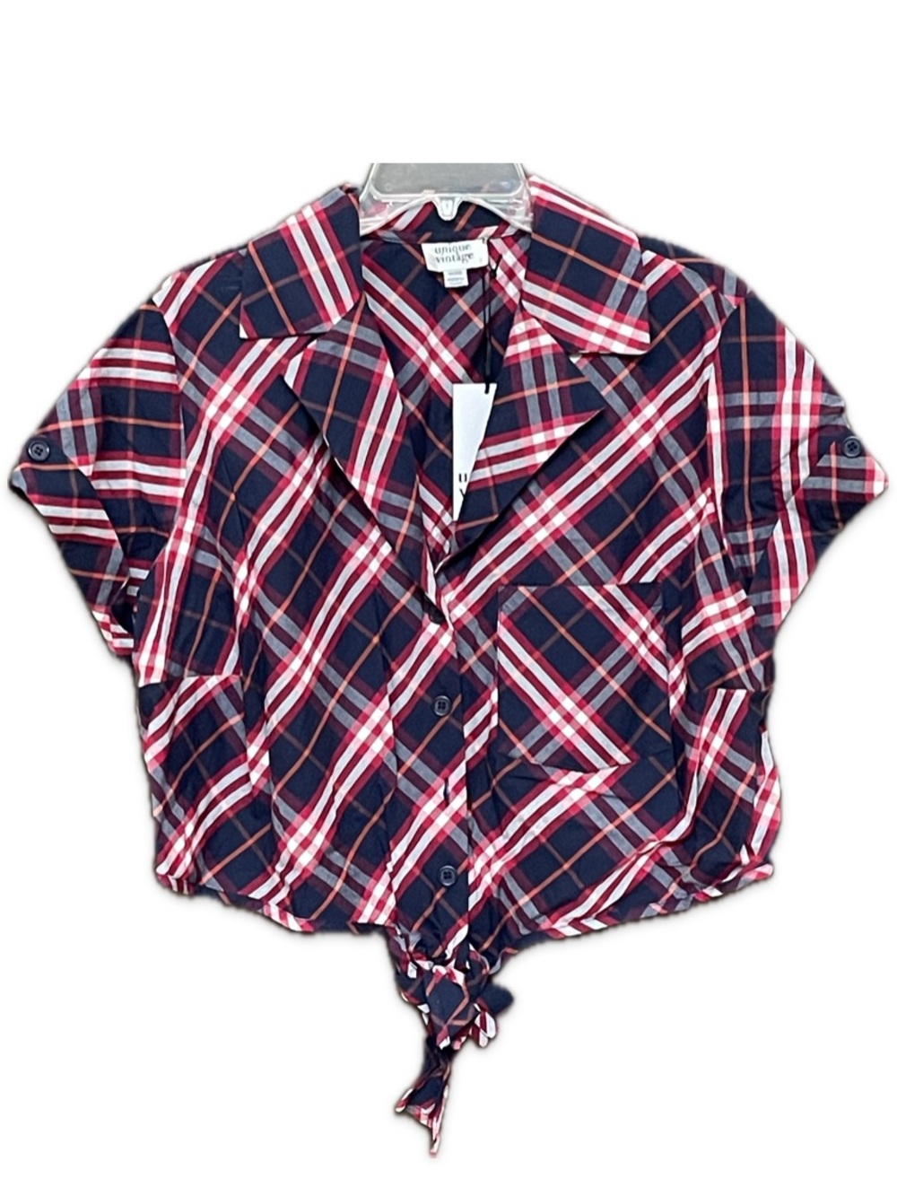 Unique Vintage cotton Plaid short sleeve button tie waist crop top Blue red 3X